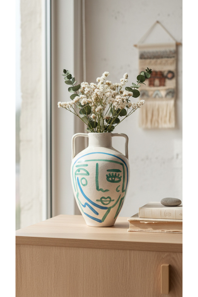 Beyaz-Mavi-Turkuaz El Yapımı Soyut Yüz Terracotta Vazo Boho Salon Konsol Sehpa Dekoru