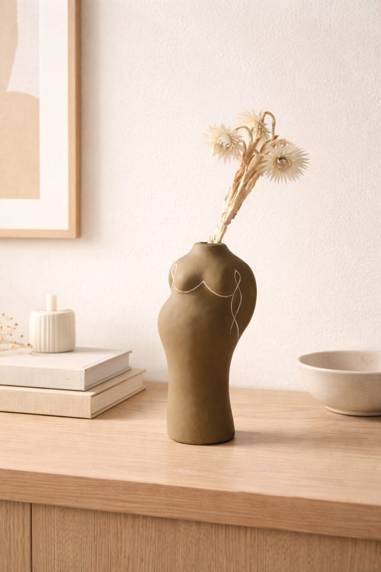 Terracotta Gövde Şekilli Vazo Dekoratif Modern Salon Konsol Bohem Heykelsi Seramik Vazo 20 Cm