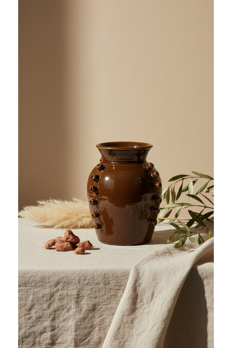 Kahverengi Çivi Desenli Terracotta Vazo Salon Konsol Sehpa Dekoru