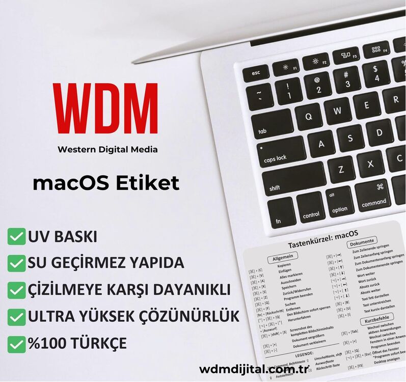 MacBook Türkçe Klavye Kısayol Çıkartması – Şeffaf UV Baskılı Yüksek Kalite Sticker Seti