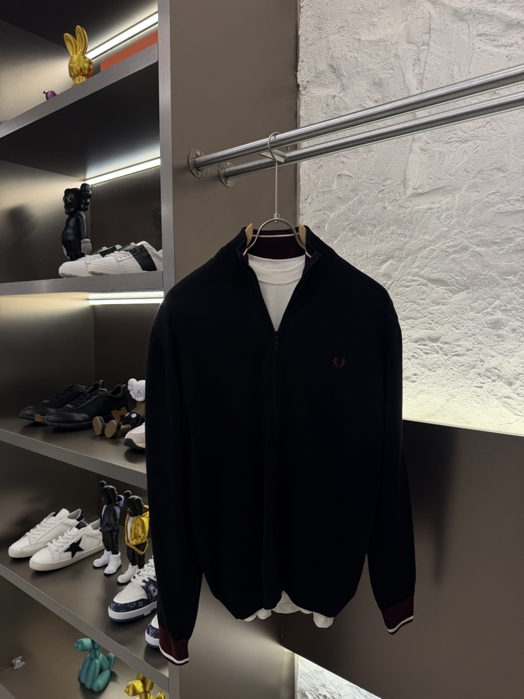 Fred Perry %100 Pamuk Full Zip Örme Triko (Siyah)