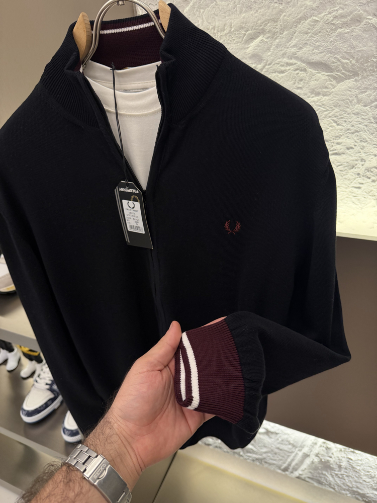 Fred Perry %100 Pamuk Full Zip Örme Triko (Siyah)