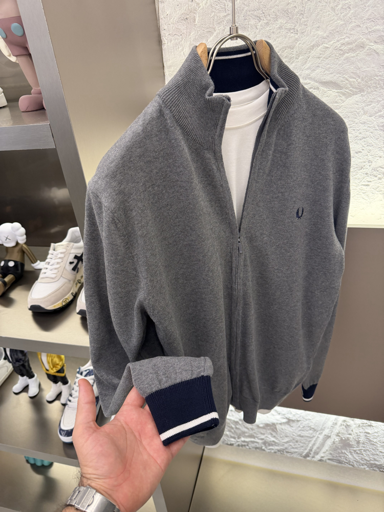 Fred Perry %100 Pamuk Full Zip Örme Triko (Gri)