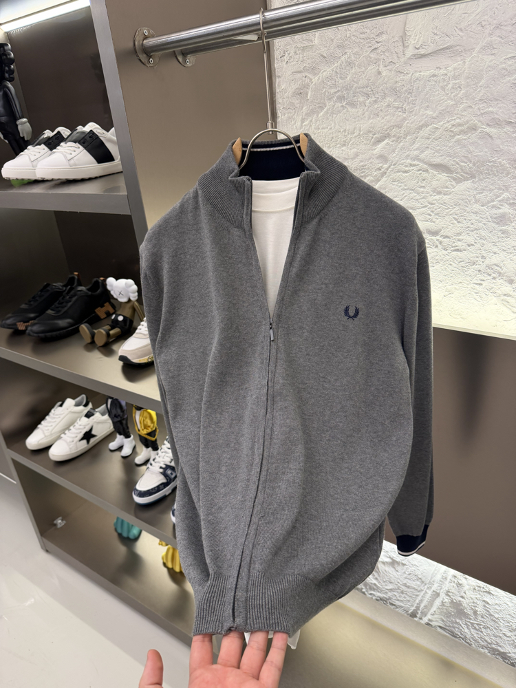 Fred Perry %100 Pamuk Full Zip Örme Triko (Gri)