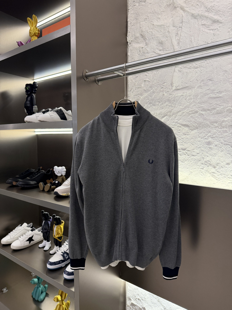 Fred Perry %100 Pamuk Full Zip Örme Triko (Gri)