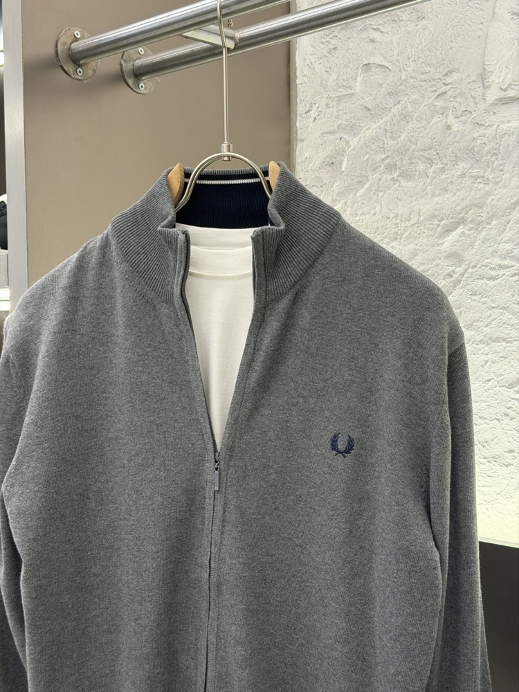 Fred Perry %100 Pamuk Full Zip Örme Triko (Gri)