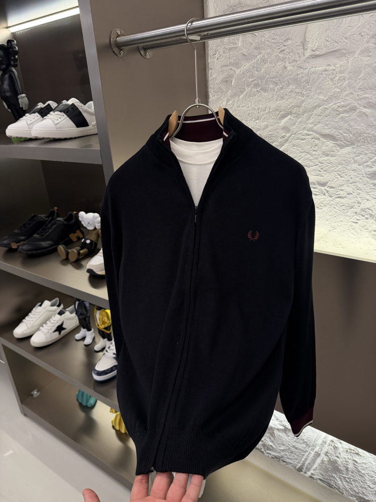 Fred Perry %100 Pamuk Full Zip Örme Triko (Siyah)