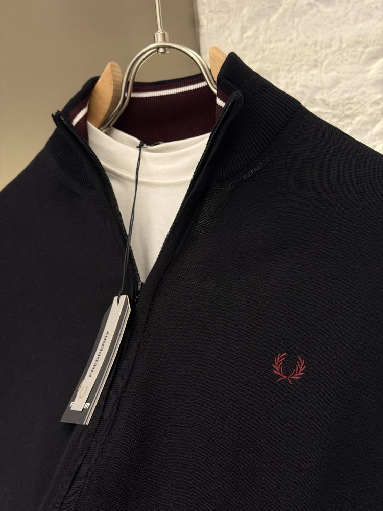 Fred Perry %100 Pamuk Full Zip Örme Triko (Siyah)