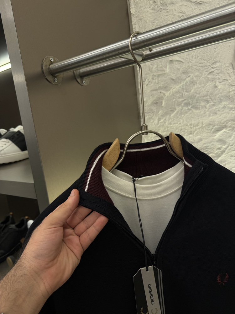 Fred Perry %100 Pamuk Full Zip Örme Triko (Siyah)