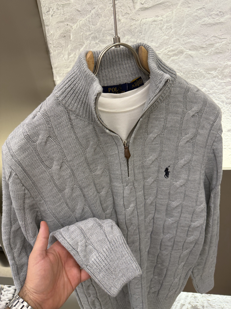 Ralph Lauren %100 Pamuk Örme Half Zip Triko (Gri)