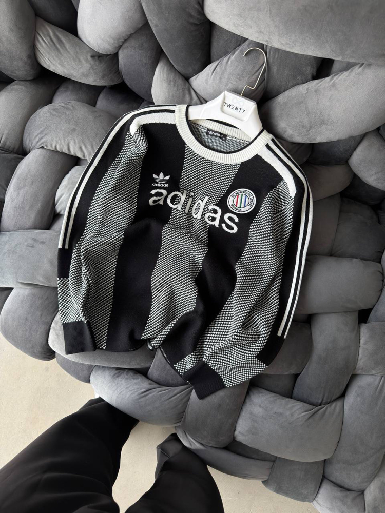Adidas Siyah Beyaz Retro Desenli Triko Kazak – Unisex Oversize