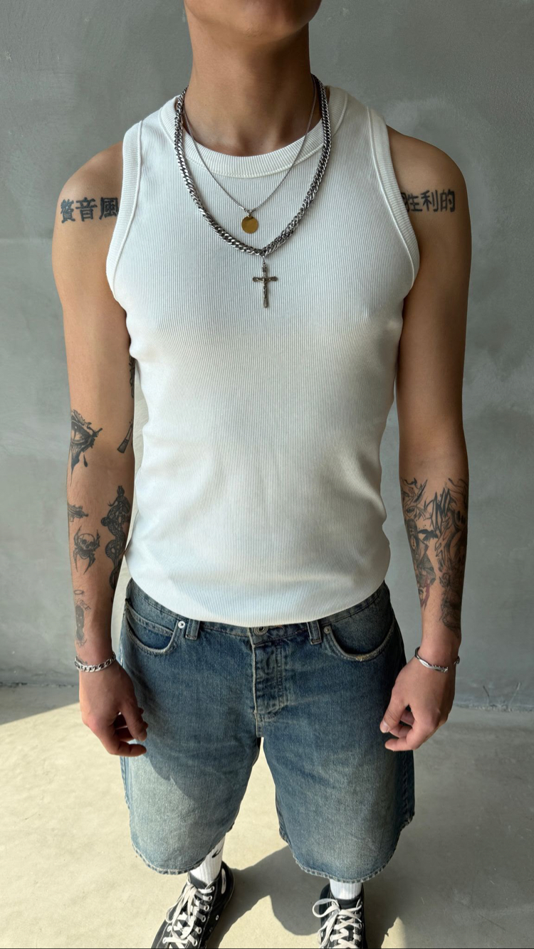 Beyaz Tank Top Fitilli Atlet
