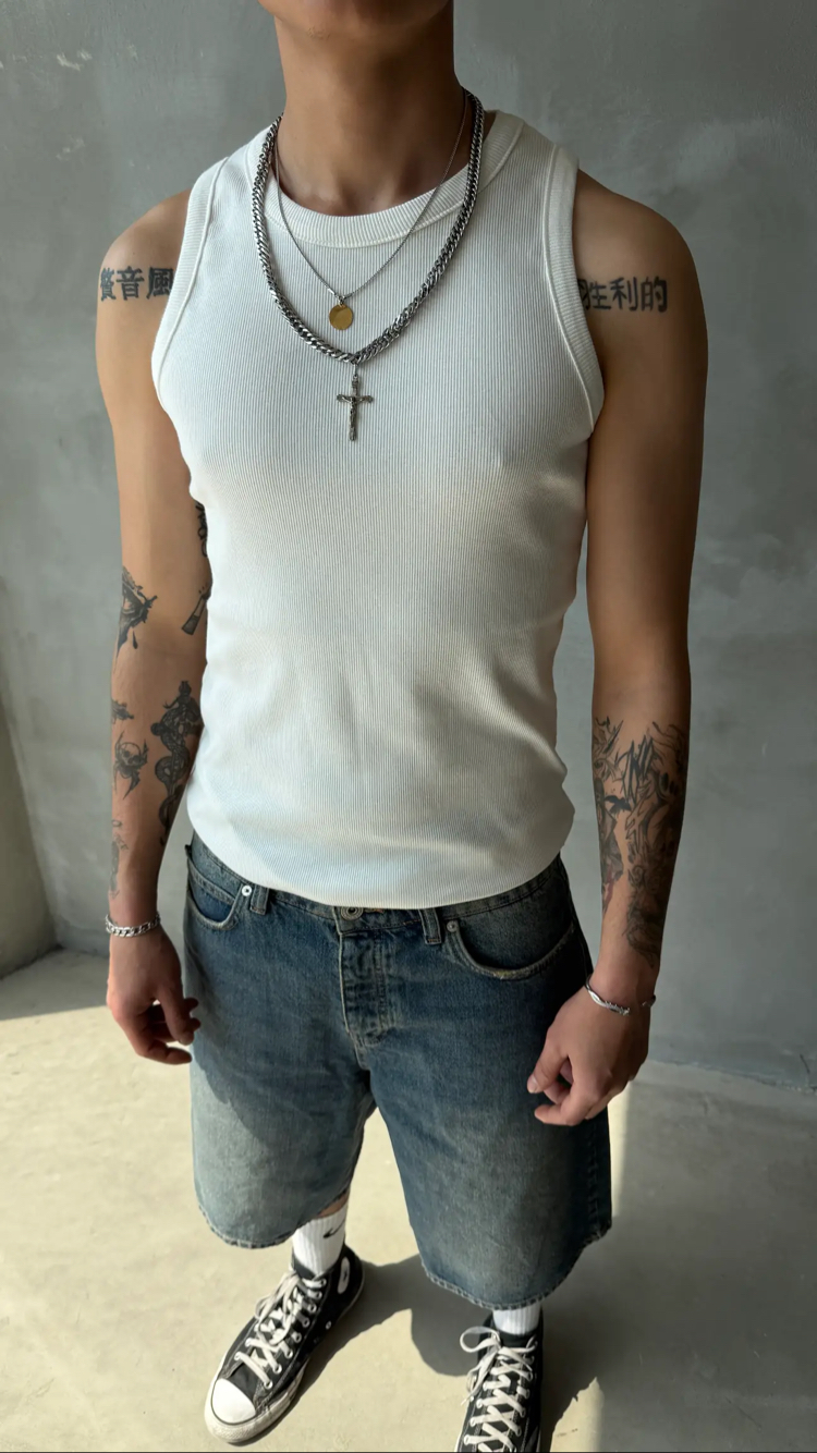 Beyaz Tank Top Fitilli Atlet