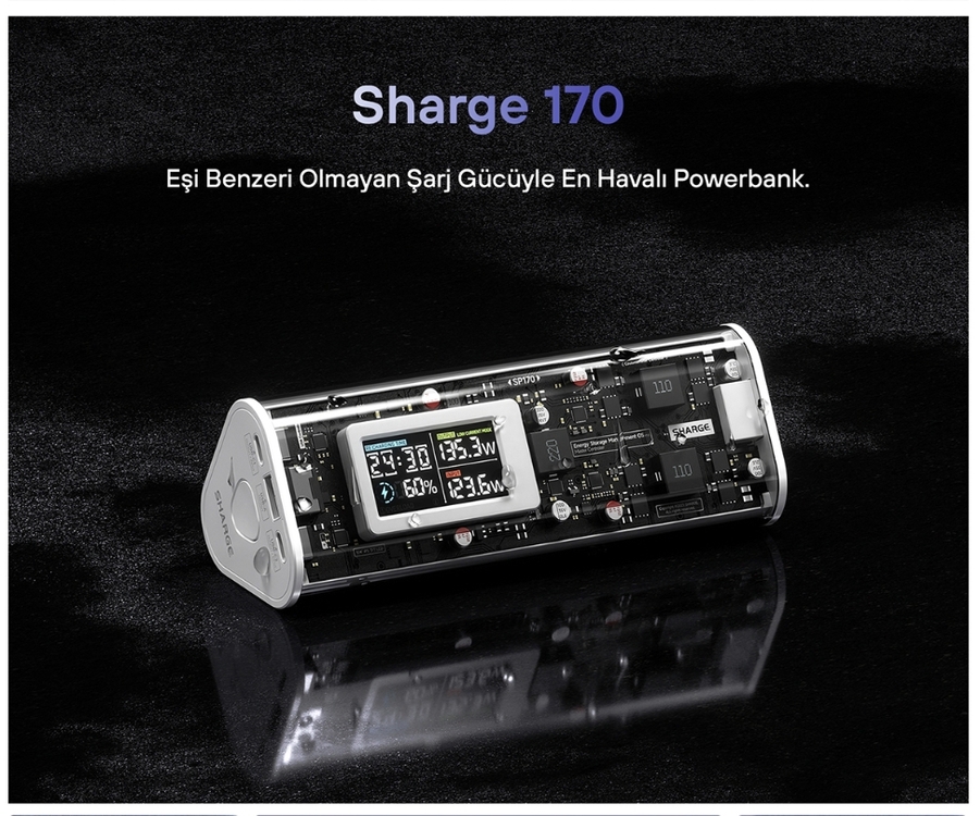 Sharge 170W - Yüksek Güçlü ve Şeffaf Tasarımlı Gan Powerbank - Gri
