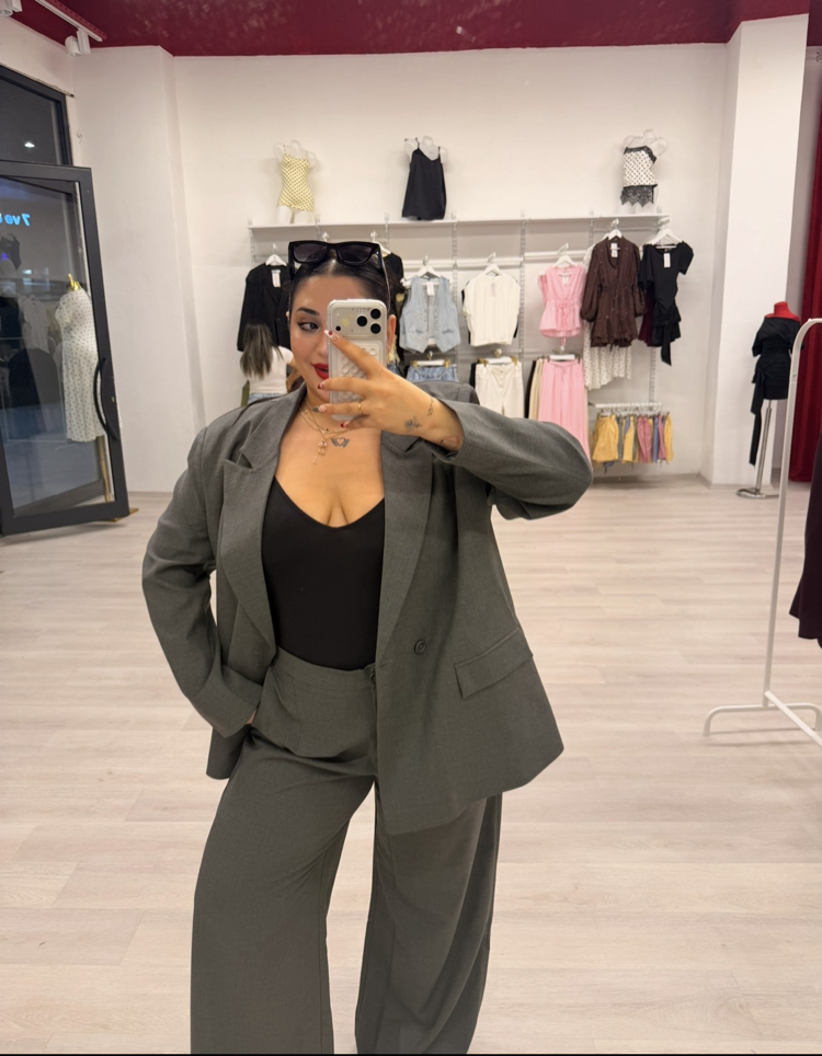 CHERRY GRİ OVERSİZE BLAZER CEKET TAKIM