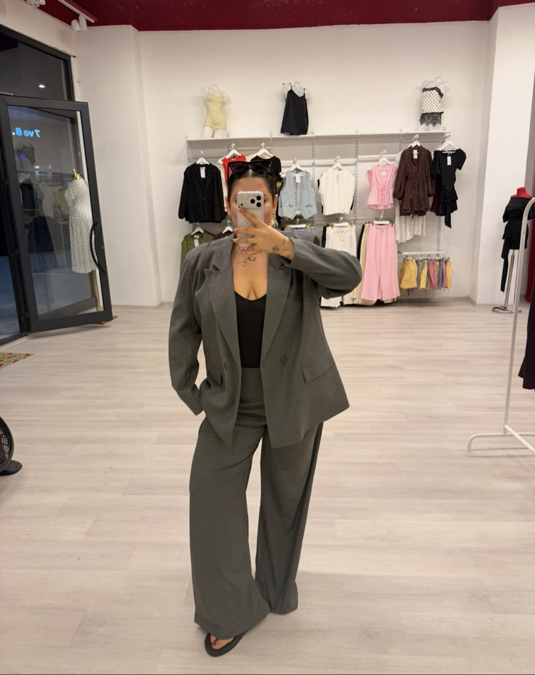 CHERRY GRİ OVERSİZE BLAZER CEKET TAKIM