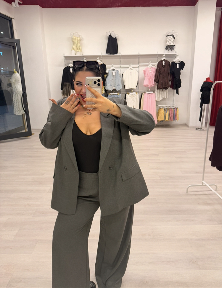 CHERRY GRİ OVERSİZE BLAZER CEKET TAKIM