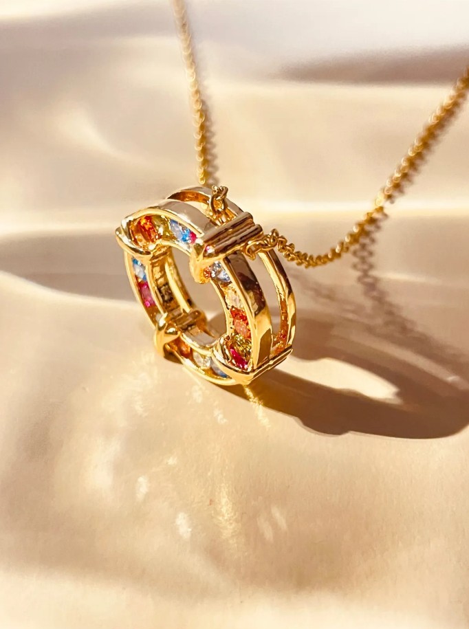 Çelik Gold Renk Zincir Renkli Zirkon Taşlı Kadın Kolye 40+5 cm
