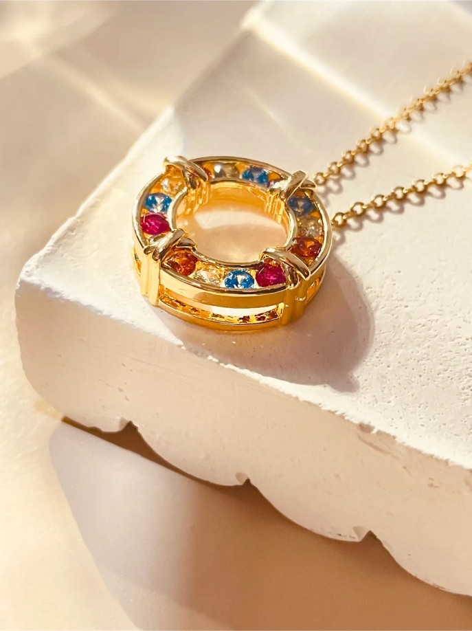 Çelik Gold Renk Zincir Renkli Zirkon Taşlı Kadın Kolye 40+5 cm