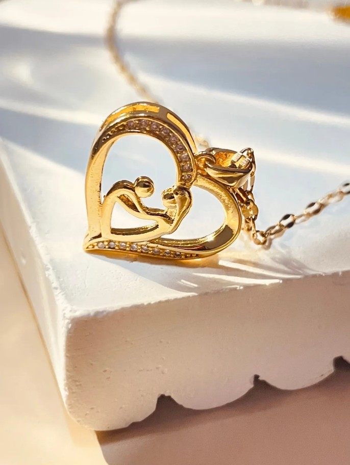 Çelik Gold-Gümüş Renk Zincir Renkli Zirkon Taşlı Kalp Anne Çocuk Figür Kadın Kolye