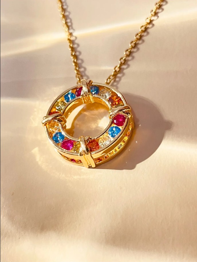 Çelik Gold Renk Zincir Renkli Zirkon Taşlı Kadın Kolye 40+5 cm