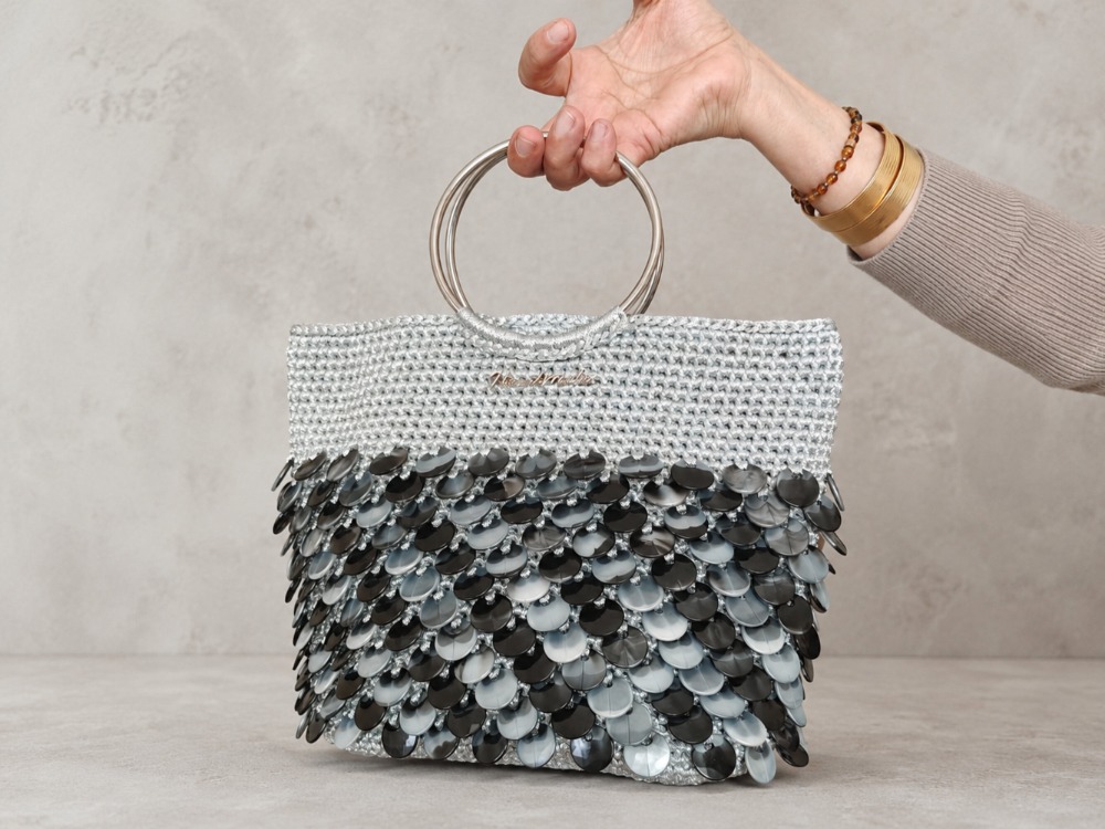 Handmade Silver Sequin Crochet Bag with Metal Ring Handles