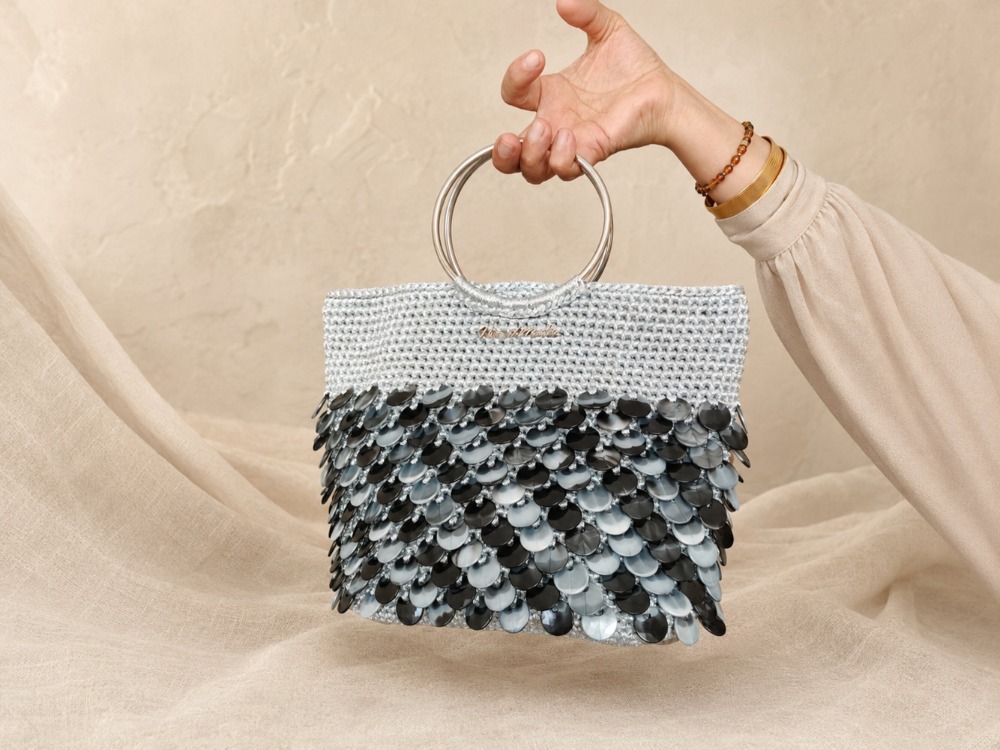 Handmade Silver Sequin Crochet Bag with Metal Ring Handles