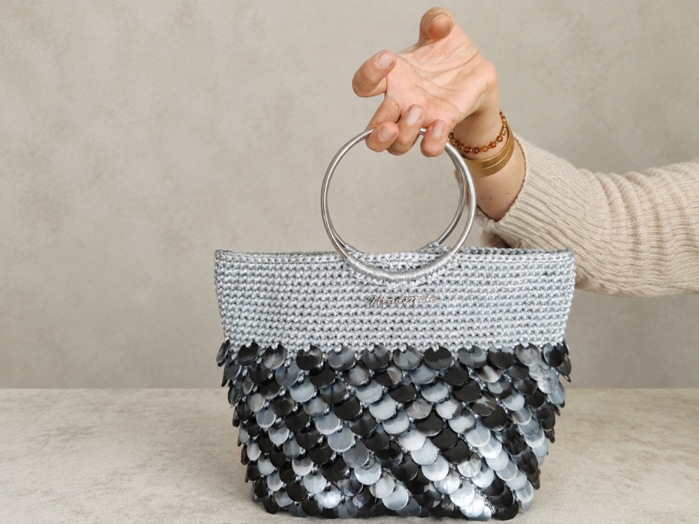Handmade Silver Sequin Crochet Bag with Metal Ring Handles