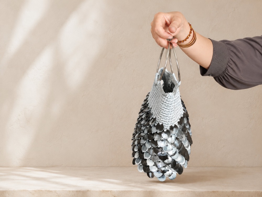 Handmade Silver Sequin Crochet Bag with Metal Ring Handles