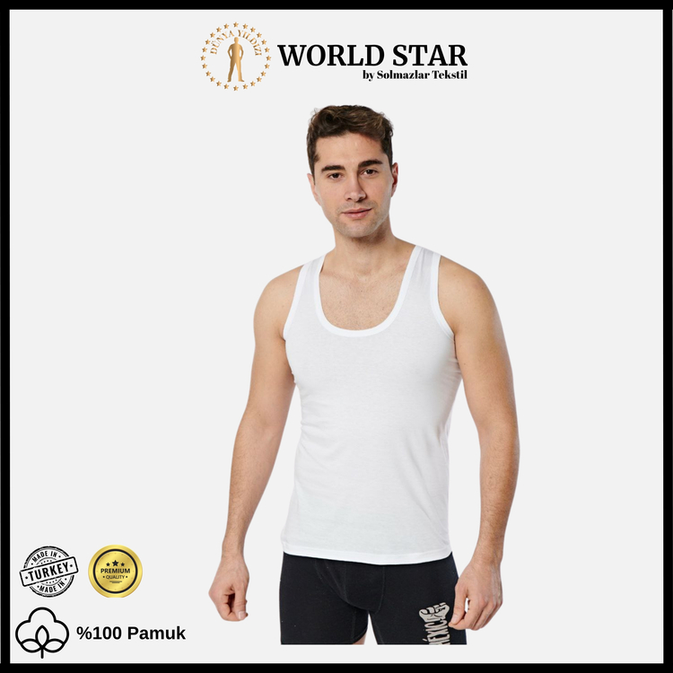 World Star 6'lı Beyaz Erkek Atlet – Pamuklu Penye