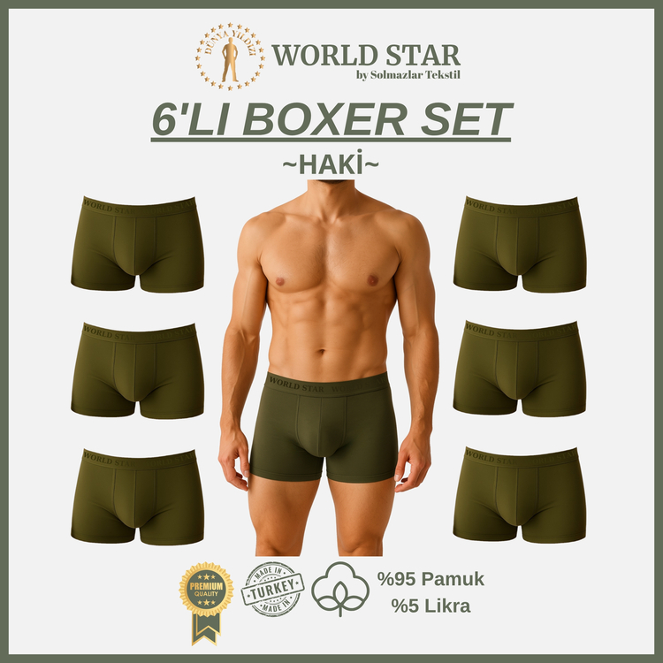 World Star 6'lı Haki Düz Renk Erkek Boxer – Pamuklu Ve Likralı