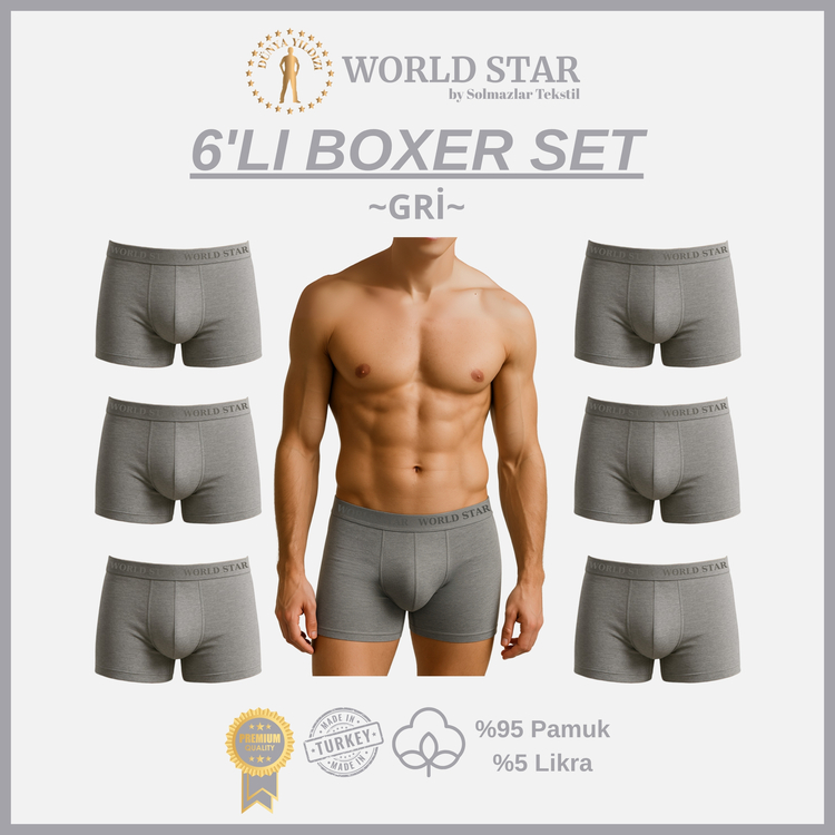 World Star 6'lı Gri Düz Renk Erkek Boxer – Pamuklu Ve Likralı