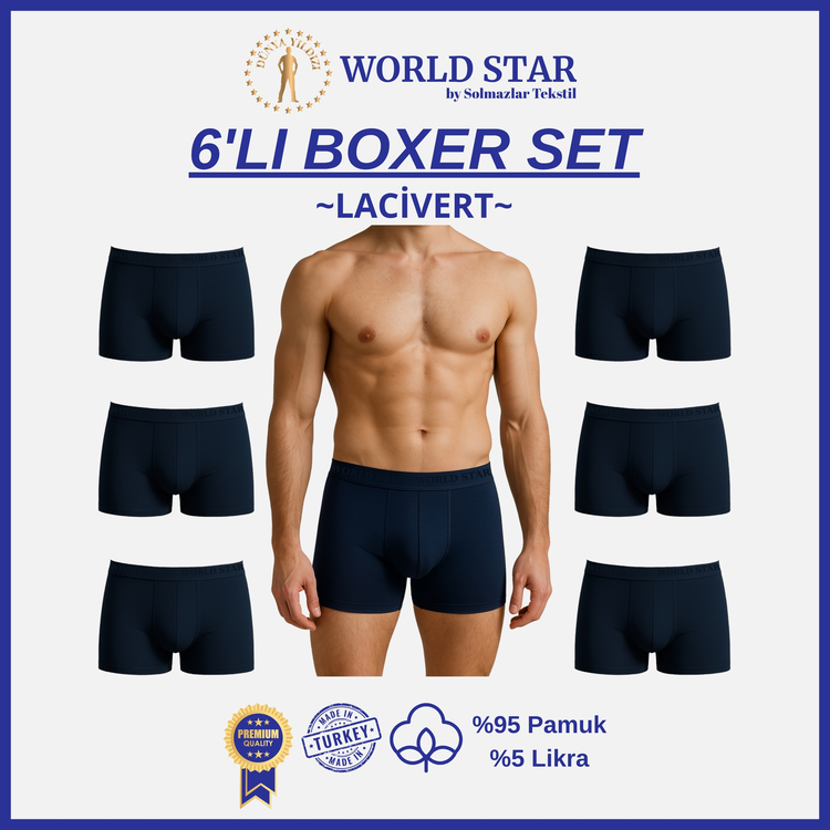 World Star 6'lı Lacivert Düz Renk Erkek Boxer – Pamuklu Ve Likralı