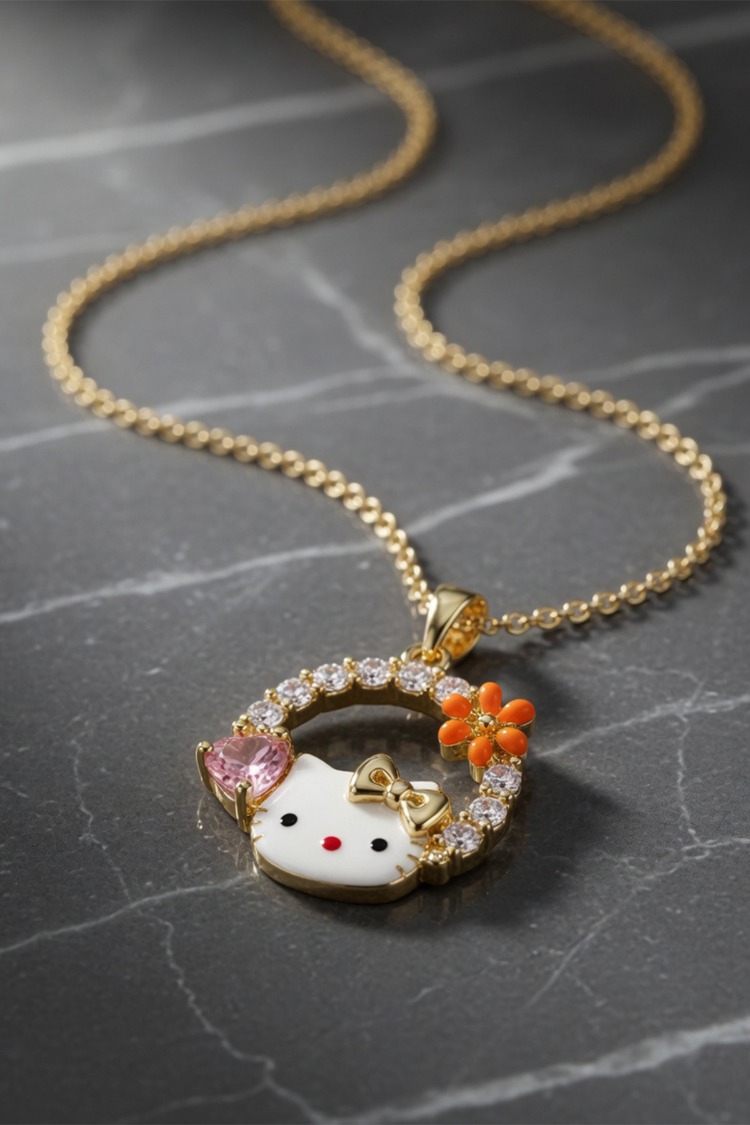 Minimal kolye Kalpli Taşlı Çelik Kolye Gold Renk - Pembe Kalp ve Zirkon