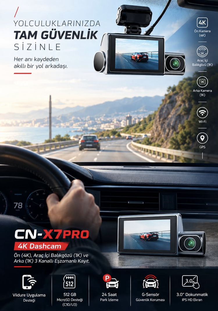 Cenova CN-X7PRO 3” Araç İçi 4K Kamera