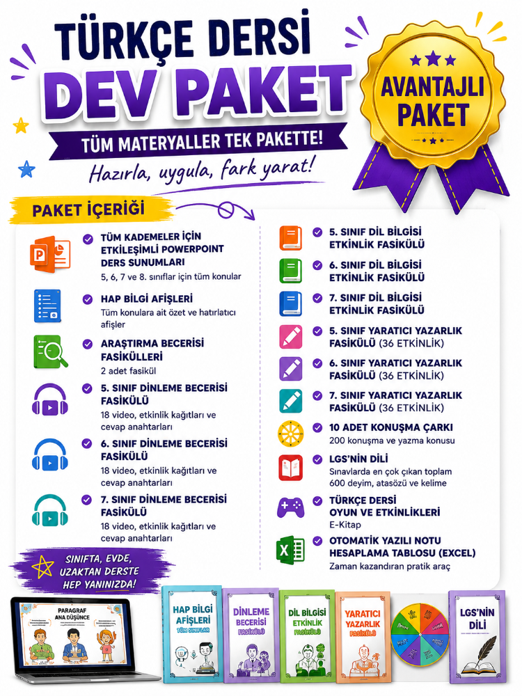 TÜRKÇE DERSİ DEV ARŞİV (TÜM ÜRÜNLER TEK PAKETTE)