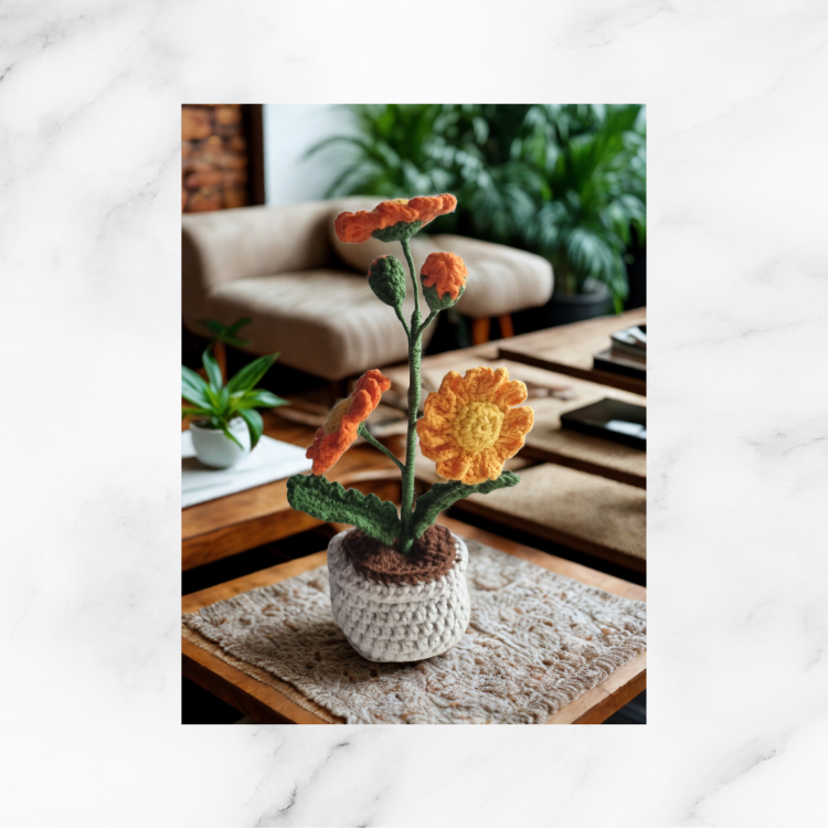 Saksıda El Yapımı Mini Papatya - Sevimli Amigurumi Dekor