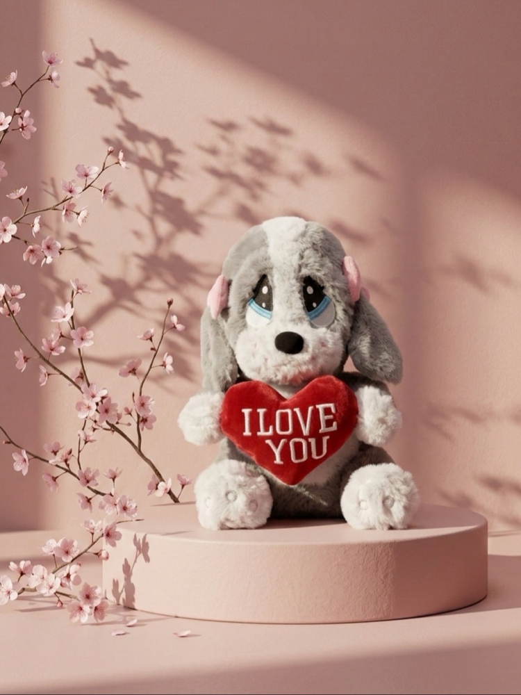 Peluş Gri Üzgün Köpek - 30x20cm Kişiye Özel NFC’li Anı Hediyesi