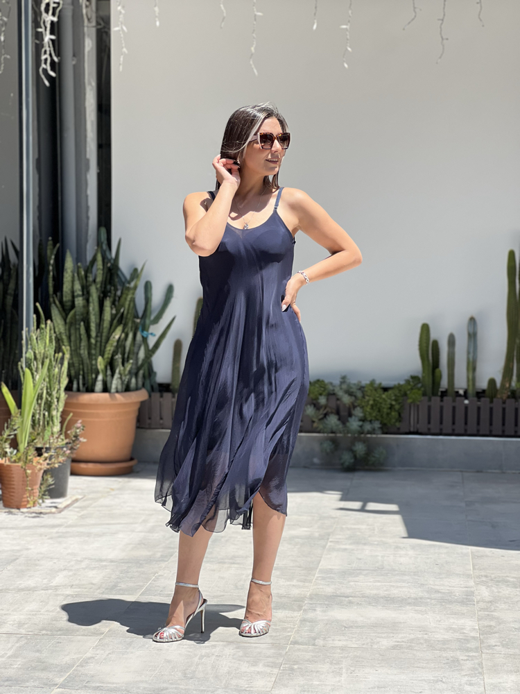 Lacivert ip askı oval elbise