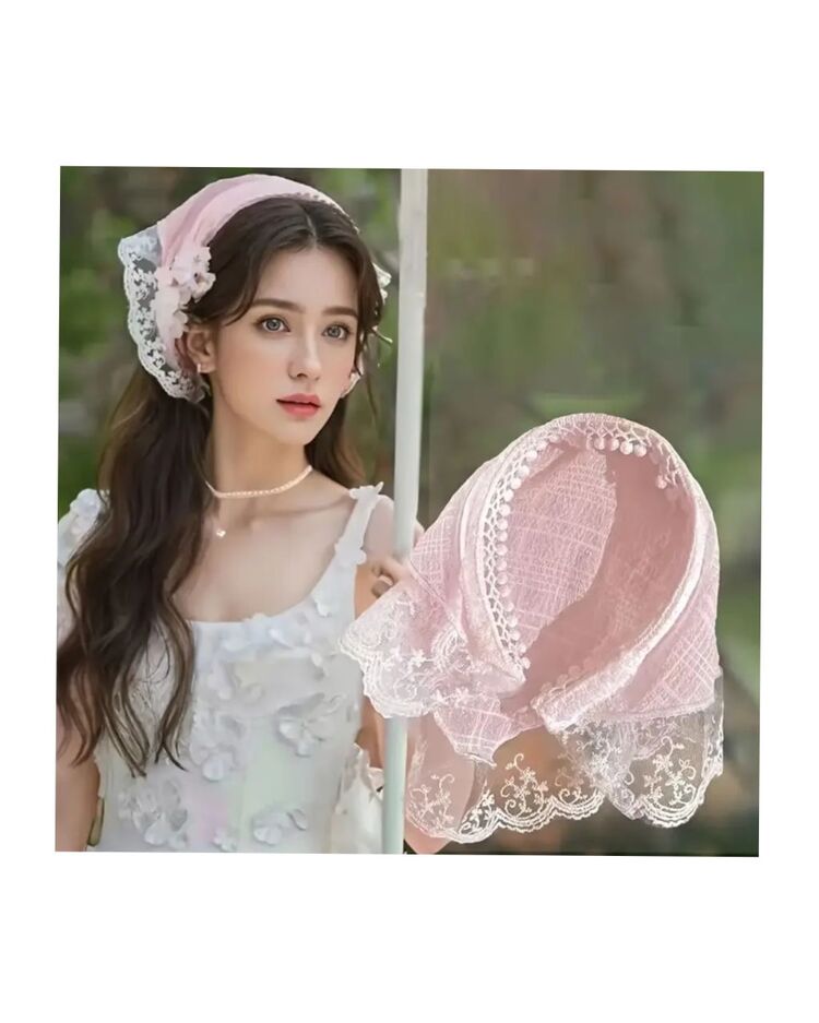 Pembe Fransız Danteli Üçgen Saç Bandı