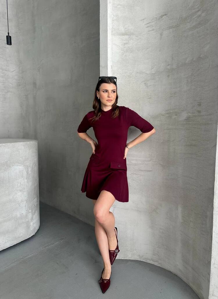 ZARA MODEL CEPLİ BORDO ELBİSE