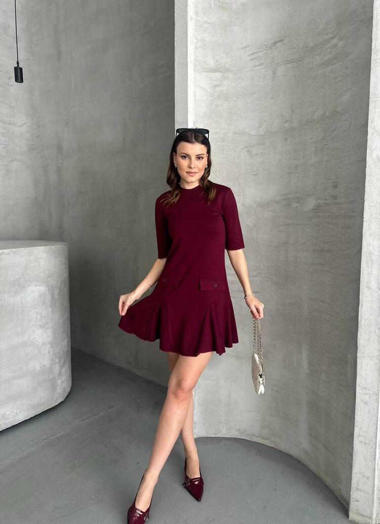 ZARA MODEL CEPLİ BORDO ELBİSE