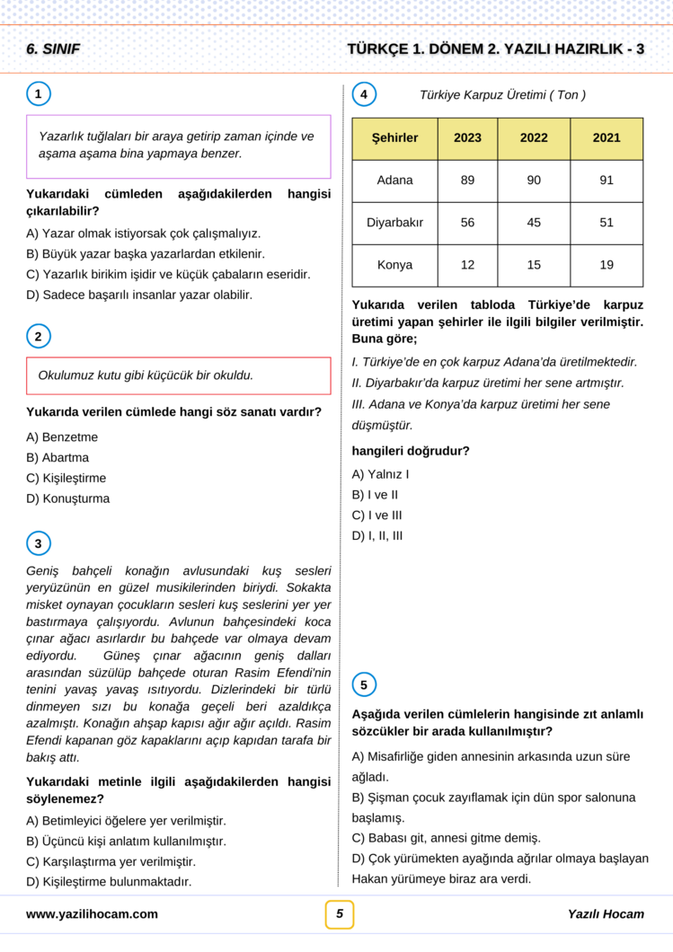 6.Sınıf Yazılıya Hazırlık (Açık Uçlu + Test + Etkinlikli)