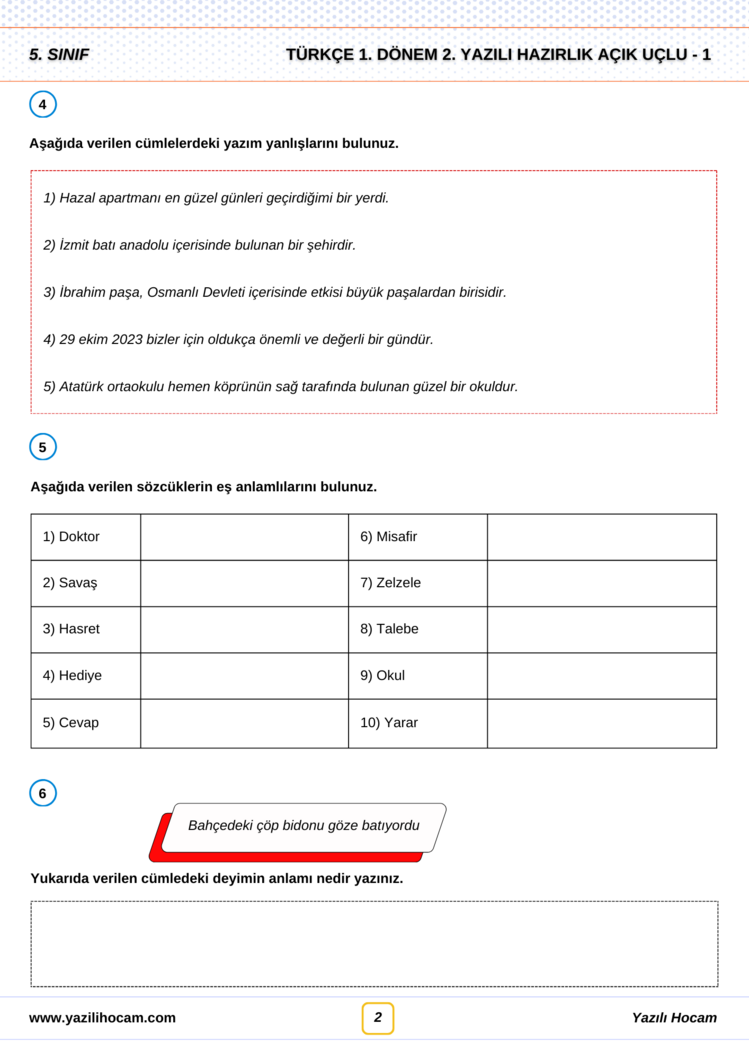 5.Sınıf Yazılıya Hazırlık (Açık Uçlu + Test + Etkinlikli)