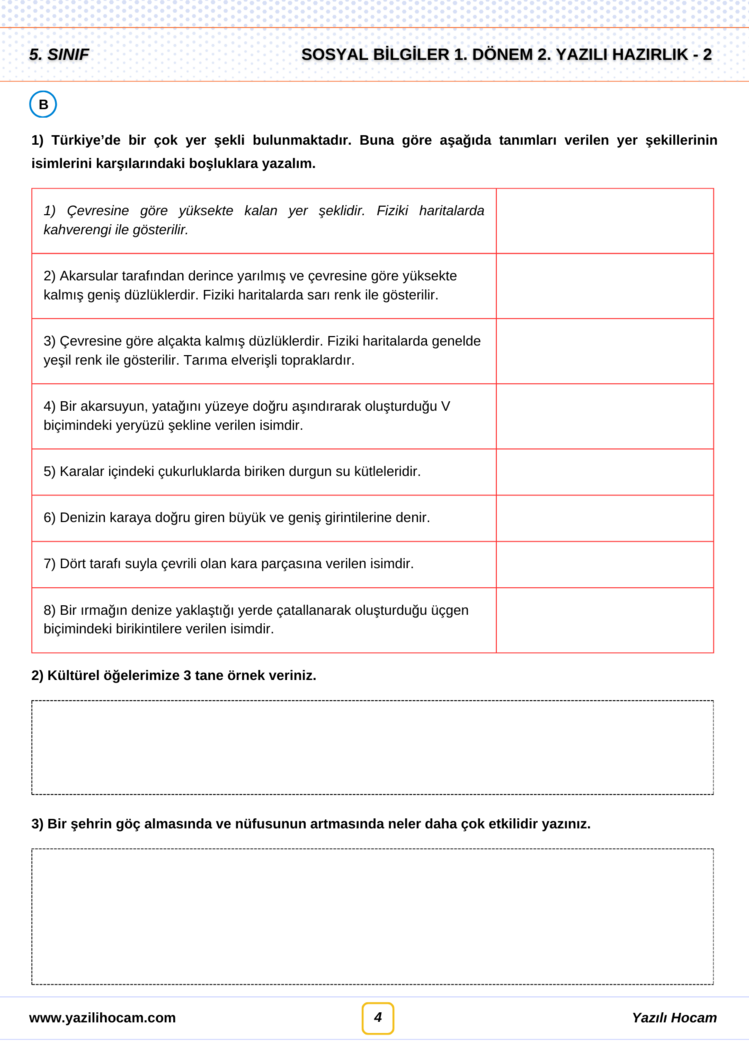 5.Sınıf Yazılıya Hazırlık (Açık Uçlu + Test + Etkinlikli)