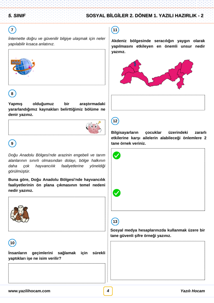  5.Sınıf Yazılıya Hazırlık Kapsülü (AÇIK UÇLU SORULAR)