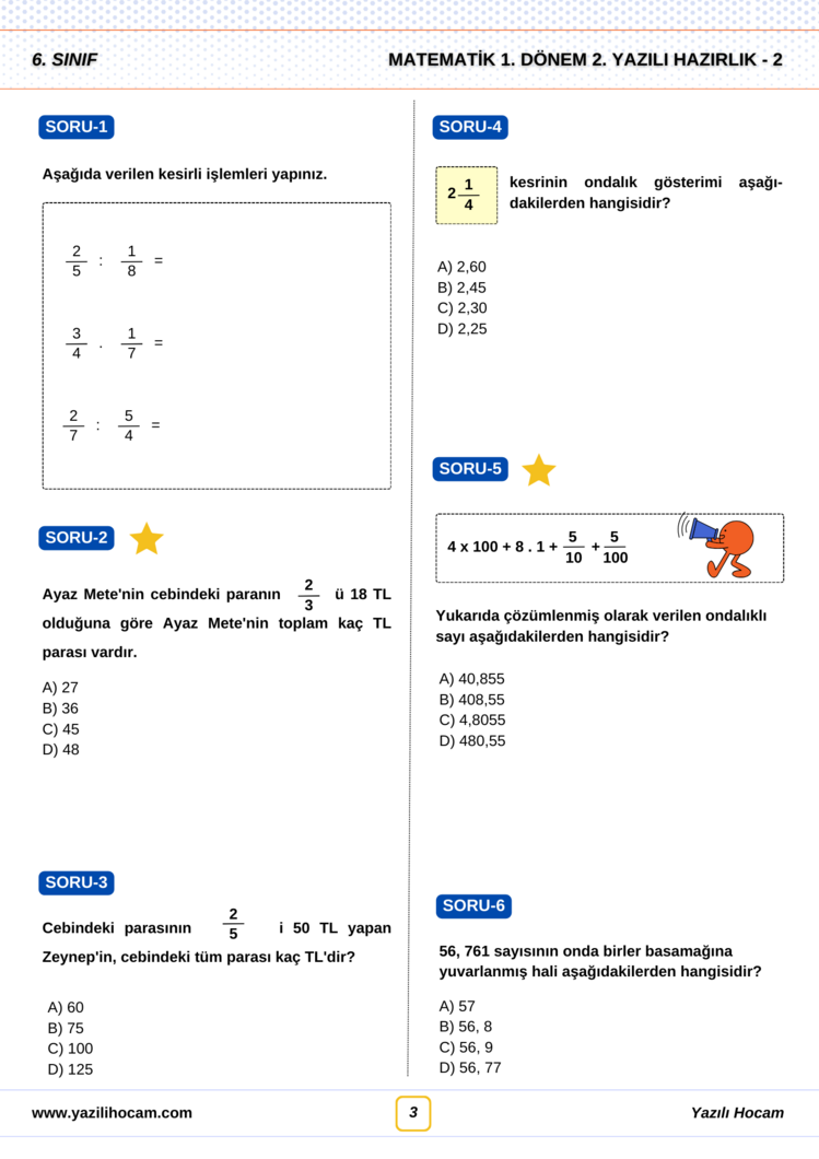 6.Sınıf Yazılıya Hazırlık (Açık Uçlu + Test + Etkinlikli)