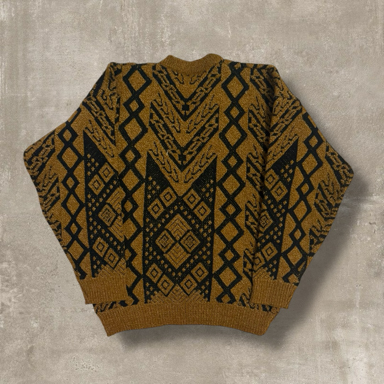 Vintage Desenli Kahverengi Kazak