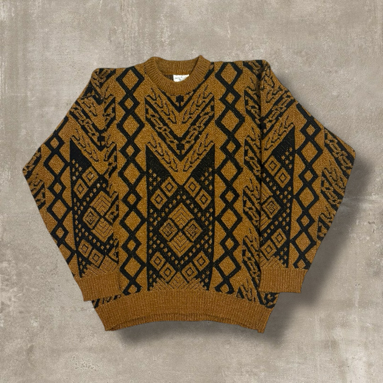 Vintage Desenli Kahverengi Kazak