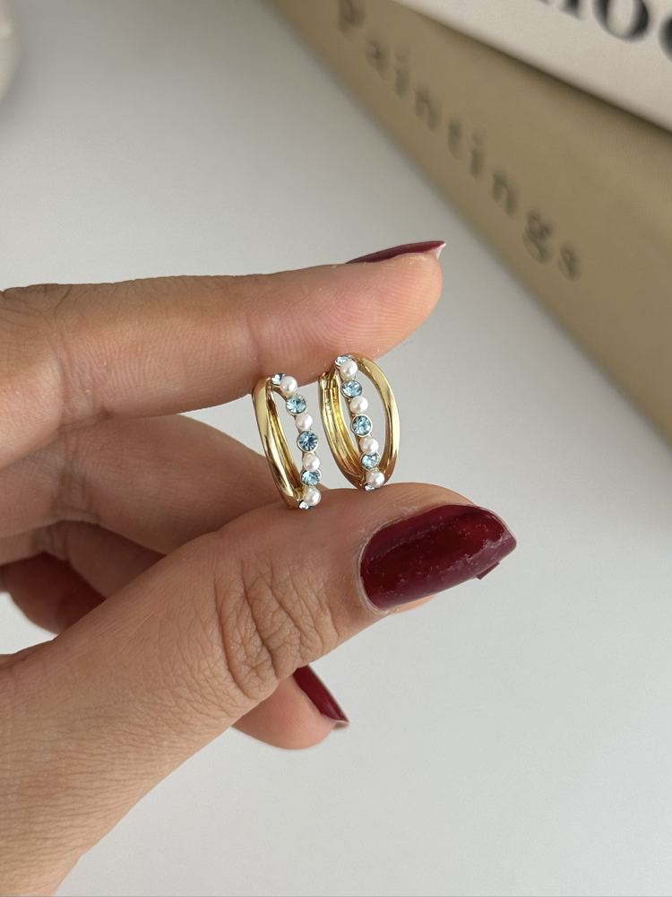 14k Xuping seri mini inci ve mini mavi swarovski taşlı küpe 